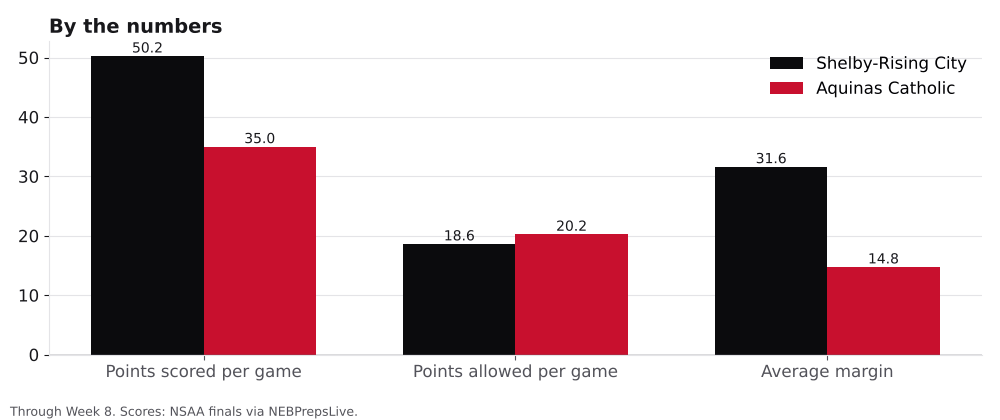 Bar chart comparing points scored, points allowed and average margin for Shelby-Rising City and Aquinas Catholic.